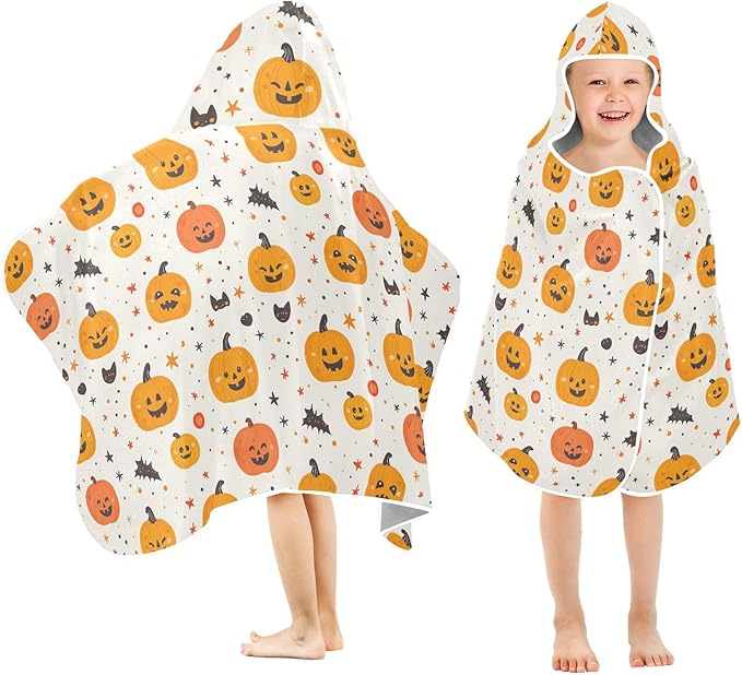 Kid Beach Towel Halloween Cartoon Pumpkins White Hooded Towels for Toddlers Lightweight Bath Towels with Hood