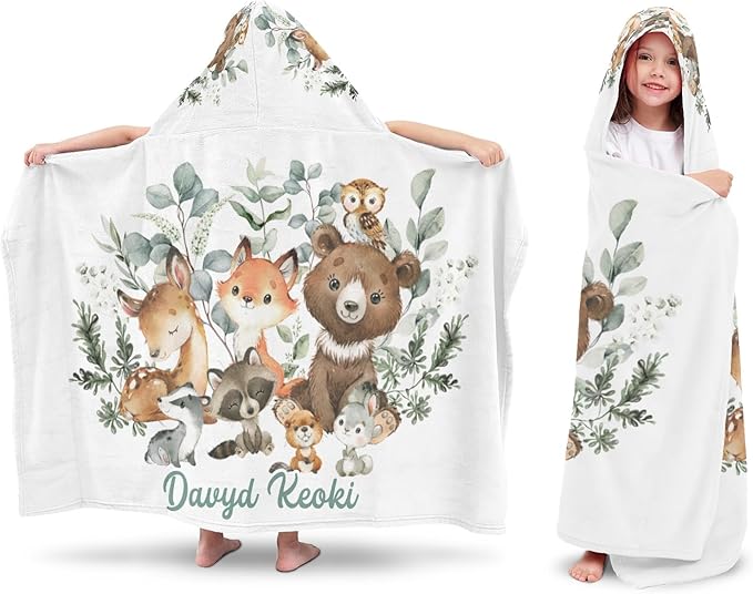 Greenery Woodland Animal Personalized Kids Hooded Towel with Name Soft Absorbent Beach Pool Bath Towels Hood Poncho for Boys Girls