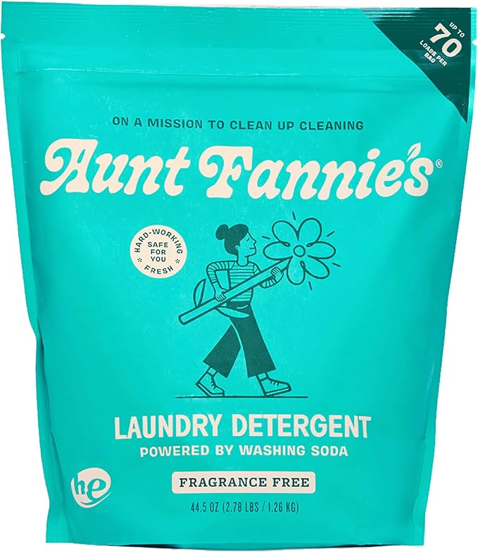 Aunt Fannie's Powder Laundry Detergent, Deep Cleaning, Plant Based, Natural Ingredients, 70 Loads Per Bag, Fragrance Free, 44 Oz
