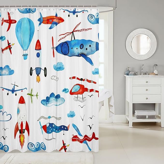 Aircraft Bath Curtain Children Kids Colorful Cartoon Airplane Cloth Fabric Bathroom Decor Nursery Helicopter Flying Plane Shower Curtain Toddler Room Decor Travel Shower Curtain with Hooks 72x72 Inch