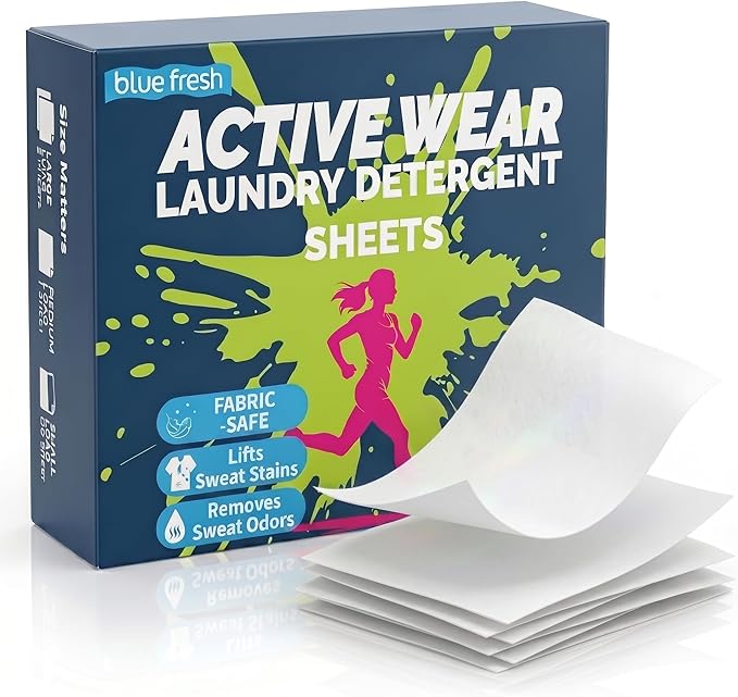 blue fresh Activewear Laundry Detergent Sheets - Gardenia Scent Sports Detergent Sheets for Sweat & Workout Clothes, Lipase Washer Sheets for Sport Performance Fabrics, Plastic-Free (100 Loads)