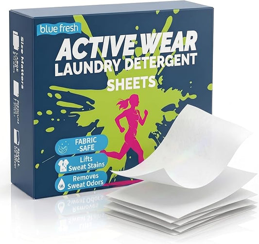blue fresh Activewear Laundry Detergent Sheets - Gardenia Scent Sports Detergent Sheets for Sweat & Workout Clothes, Lipase Washer Sheets for Sport Performance Fabrics, Plastic-Free (100 Loads)