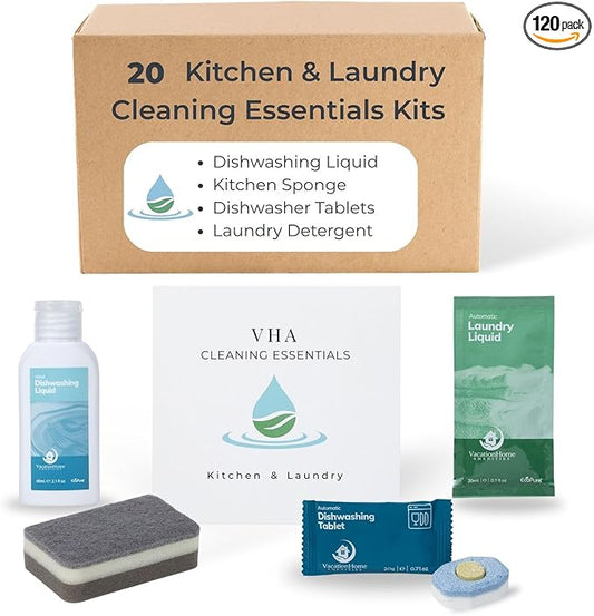 Air bnb Essentials for Hosts, Kitchen & Laundry Amenities - Dish Soap, Dishwasher Tablets, Kitchen Sponge & Travel Laundry Detergent, Pre-Packed in Premium Boxed Amenity Kits, 20 Kits - 120 pcs