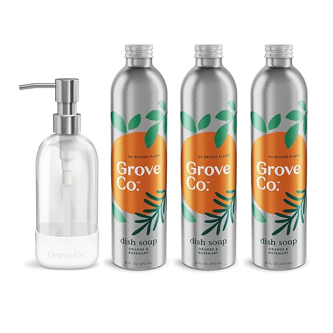 Grove Co. Ultimate Dish Soap Refills (3 x 16 Fl Oz) + Refillable Glass Dish Soap Dispenser for Kitchen Sink with Non-Slip Silicone Sleeve, Plastic Free Cleaning Products, Orange & Rosemary