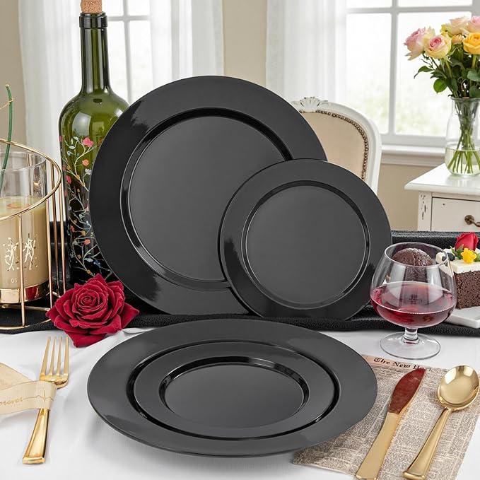 FLOWERCAT 200PCS Black Plastic Disposable Plates for Party - Black Plastic Plates - Serve for 100 Guests for New Year Parties and Birthday Events