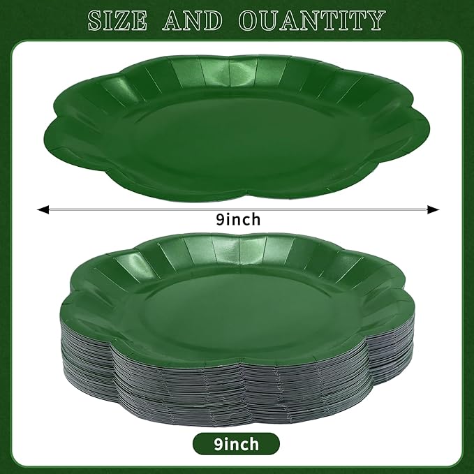 Green Plates Party Supplies,9 inch Green Paper Plates Disposable Scalloped for Birthday Cake Plate Baby Shower Dinner Wedding Dessert Party