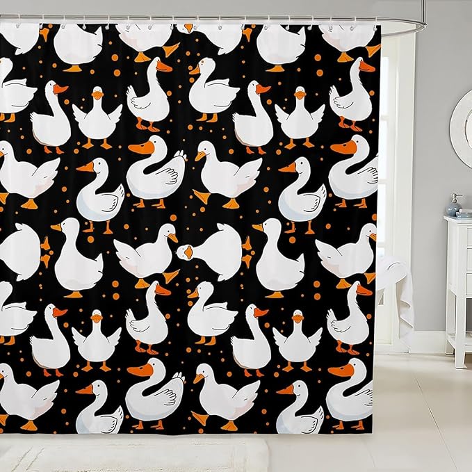 Homewish Cute Goose Bath Curtain Panel,Cartoon Farmhouse Livestock Animal Waterproof Fabric Shower Curtain,Kawaii Duck Hand Drawn Black Bathroom Curtain with 12 Hooks, 72Wx78L inch