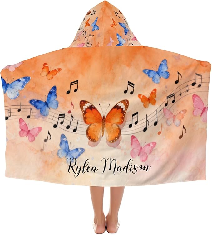 Music Butterfly Watercolor Personalized Hooded Towel Absorbent Wrap Soft Pool Beach Bath Towels Hood Poncho for 5-12 Years Kids Boys Girls