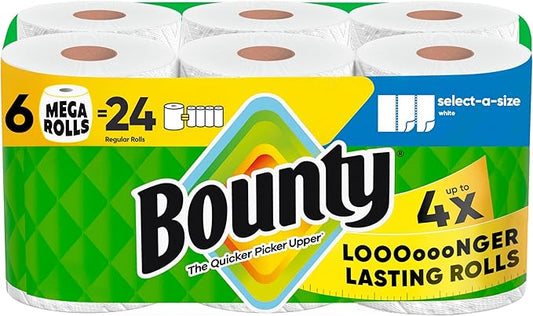 Bounty Select-A-Size Paper Towels, White, 6 Mega Rolls = 24 Regular Rolls