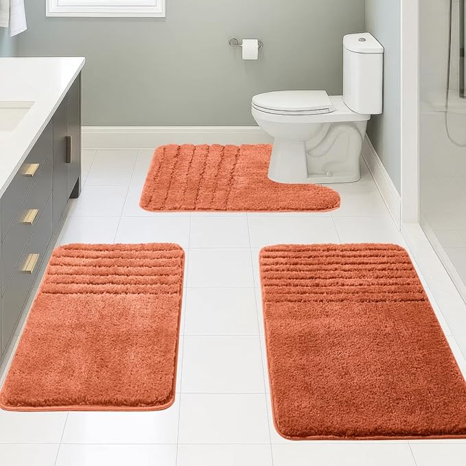 Bath Rugs Set 3 Pieces Bathroom Mat Soft Absorbent Plush Shaggy Soft Floor Non Slip Shower Bath Tub Machine Washable (Spice-Strip, 20"x32"/20"x20"/17"x24")