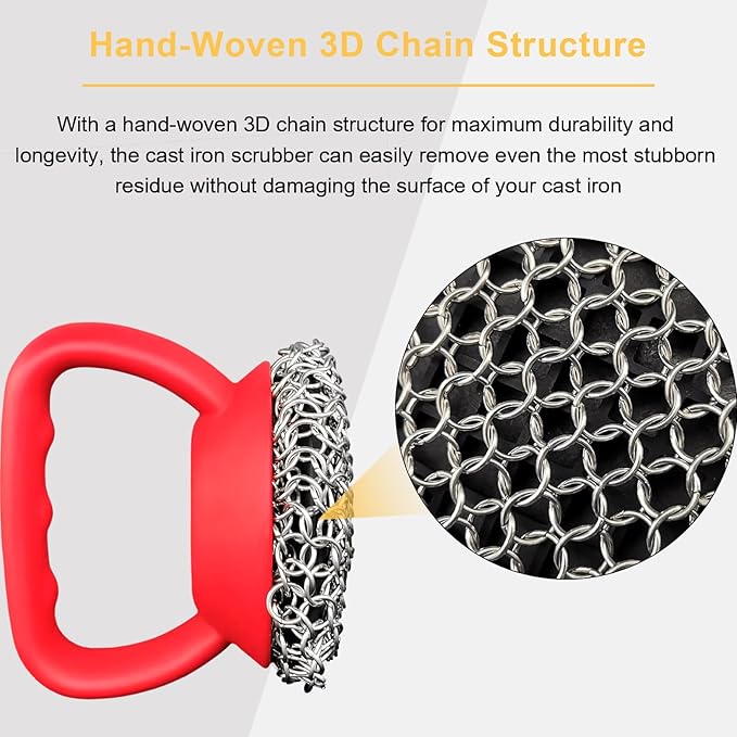 Cast Iron Scrubber with Handle 316L （Ergonomic Non-Slip Grip Cleaner for cast Iron skillets, Pans, and Dutch ovens – Stainless Steel Chainmail Cleaning pad, Durable and Dishwasher Safe）