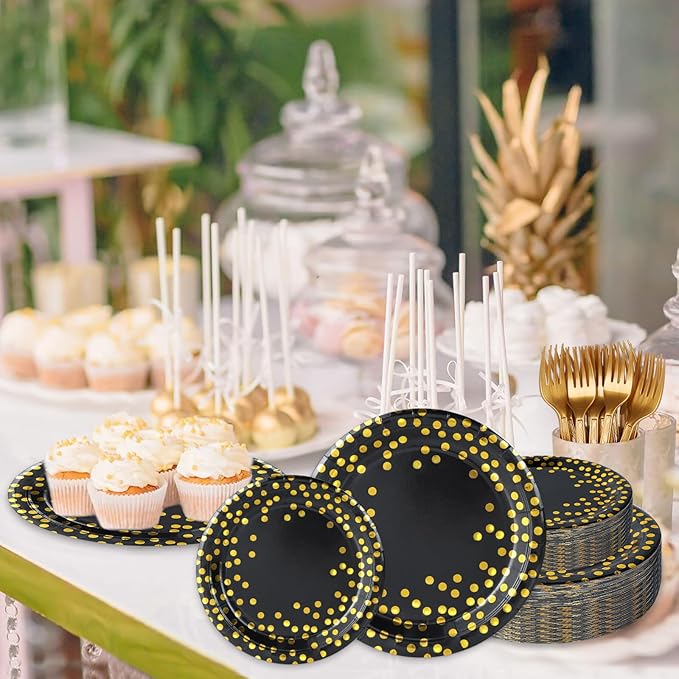 150 Pcs Black and Gold Paper Plates Party Supplies,Serves 50 Guests 7" 9" Black Gold Plates and Gold Plastic Forks,Disposable Paper Tableware Set for Graduation Retirement Decorations