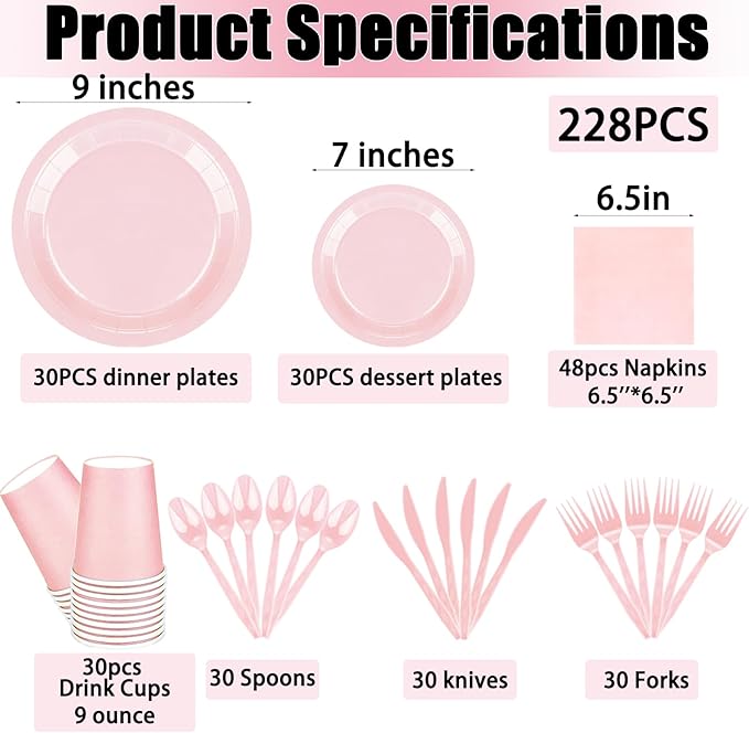 228PCS Pink Party Supplies Set Include Paper Plates Cups Pink Napkins Plastic Spoons Forks Knives for 30 Guests Disposable Party Dinnerware For Birthday Wedding Family Picnic