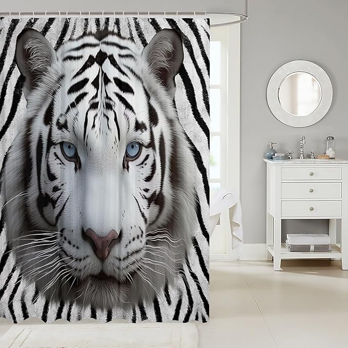 White Tiger Shower Curtain 72"Wx72"L 3D Animal Print for Kids Boys Teens Bath Curtain Chic Design Grey Tiger Waterproof Shower Curtain Wild Safari Theme Decor for Bathroom Showers,Stalls,and Bathtubs