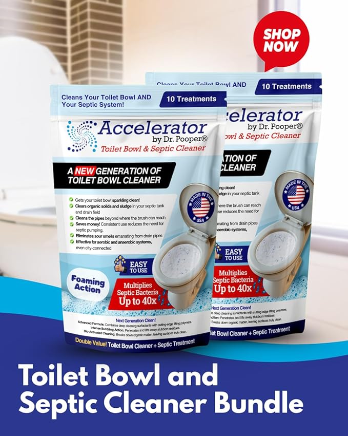 Accelerator by Dr. Pooper Toilet Bowl and Septic Cleaner — Foaming Bio-Activated Formula — Cleans Bowl, Treats Septic System, Reduces Pump-Outs — Non-Toxic — 2-Pack, 32 Treatments — Made in USA