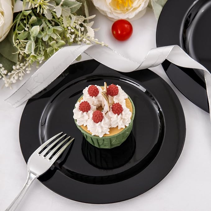 FLOWERCAT 60PCS Black Plastic Plates - Heavy Duty Black Disposable Plates for 30 guests Graduation Party/Wedding/Memorial Day - Include 30PCS 10.25inch Dinner Plates and 30PCS 7.5inch Dessert Plates