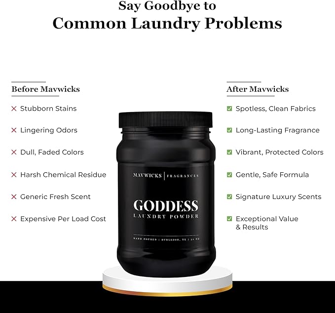 Mavwicks - Luxury Laundry Detergent Powder (Goddess) 32 Oz – Concentrated for Tough Stains and Odors, For All Washing machine types – Gentle on Fabrics