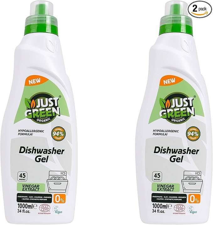 Dishwasher Detergent Gel, Plant-Based Dishwashing Liquid, Non-Toxic, Hypoallergenic, EcoCert Certified, Vegan, Streak-Free Clean, 45 Washes, 33.8 fl oz (1000 ml) - 2 Pack