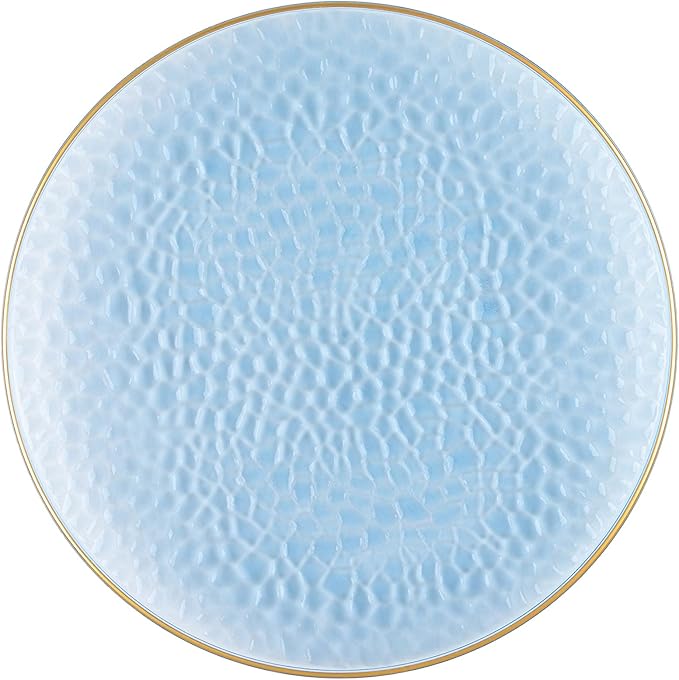 PLASTICPRO 30 Pack Hammered Plastic Plates Heavyweight Disposable Plastic Plates Elegant Clear Hammered Rim Platsic Party Dishes (Blue With Gold Rim, 7'' INCH PLATES)