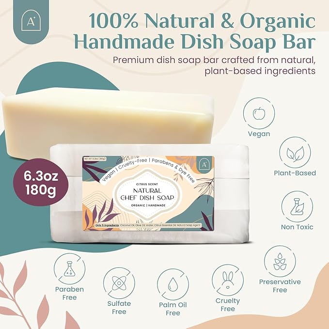Natural Dish Soap Bar, Cleaning Dishes Solid Block for Kitchen - Organic Biodegradable Dishwashing, only 5 Ingredients, Gentle on Hands - Citrus Scent (1 Pack, 6.3oz)