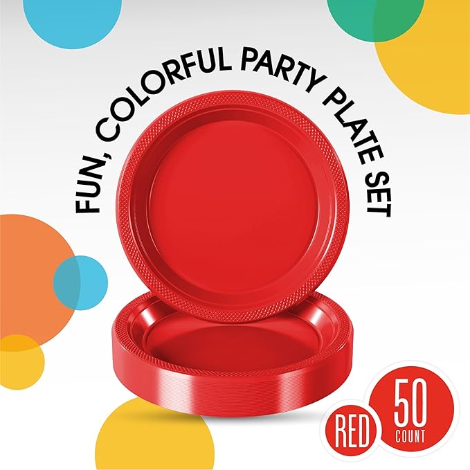 Exquisite Party Solids Red Plastic Plates For Party Supplies 9" Red Disposable Plates Heavy Duty 50 Pcs Plastic Dinnerware Sets Heavy Duty 350 GSM Disposable Dinnerware Set
