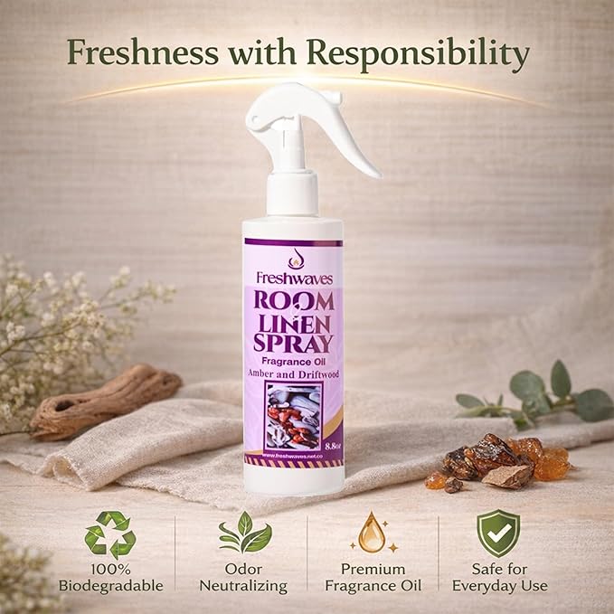 Freshwaves Room & Linen Spray | Amber & Driftwood Fragrance Oil | 8.8oz Air Freshener | Odor Eliminator for Living Room, Bedroom, Bathroom & Office | White Bottle