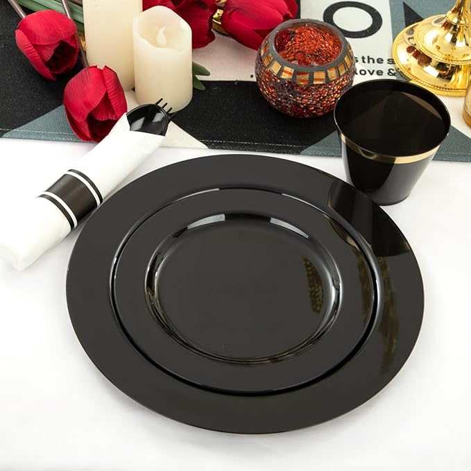 EI 350pcs Black Plastic Plates Disposable Heavy Duty Plastic Dinnerware Set Pre Silverware and Napkins Set Black and Gold Cups for Party Suit for Party,Wedding,Afternoon Tea,Spring,Valentine's Day