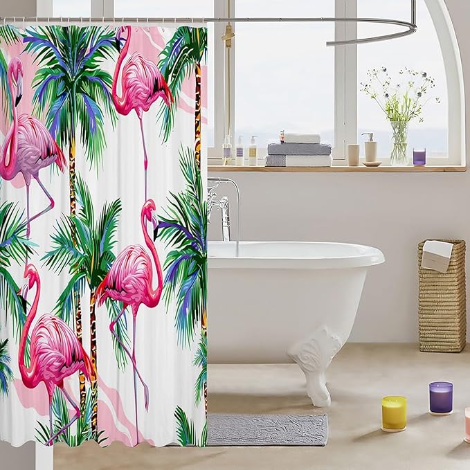 Palm Tree Shower Curtain Pink Flamingos Bathroom Shower Curtain Set for Stalls Bathtubs Tropical Exotic Birds Palm Trees Bath Curtain Nature Theme Waterproof Bathroom Curtains Room Decor 72x84 Inch