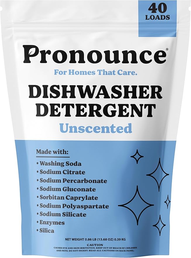 Pronounce Dishwasher Detergent - Cleaner Ingredients, Fragrance Free - Ultra Concentrated Dish Soap, Cuts Grease and Grime, Dishwasher Pods Alternative (Residue-Free). (.86 lb, Unscented)