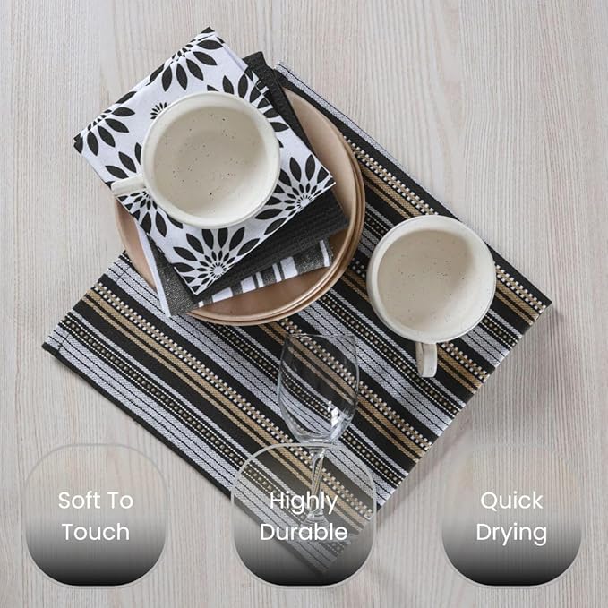 Assorted Kitchen Towels Large 16x26 inch 100% Cotton Set of 5 - Soft Absorbent Washable Tea Towel for Kitchen - Dish Cloths Towel with Hanging Loop - Quick Drying Dish Towels Black