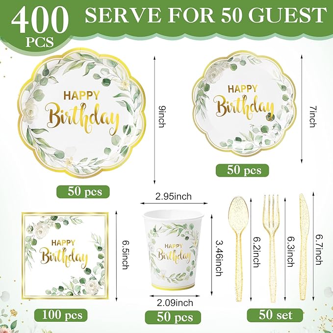 Pickmesh 400 Pcs Sage Green Birthday Plates and Napkins Set, Paper Plates and Cups with Plastic Cutlery, Disposable Tableware for Birthday Party and Celebrations