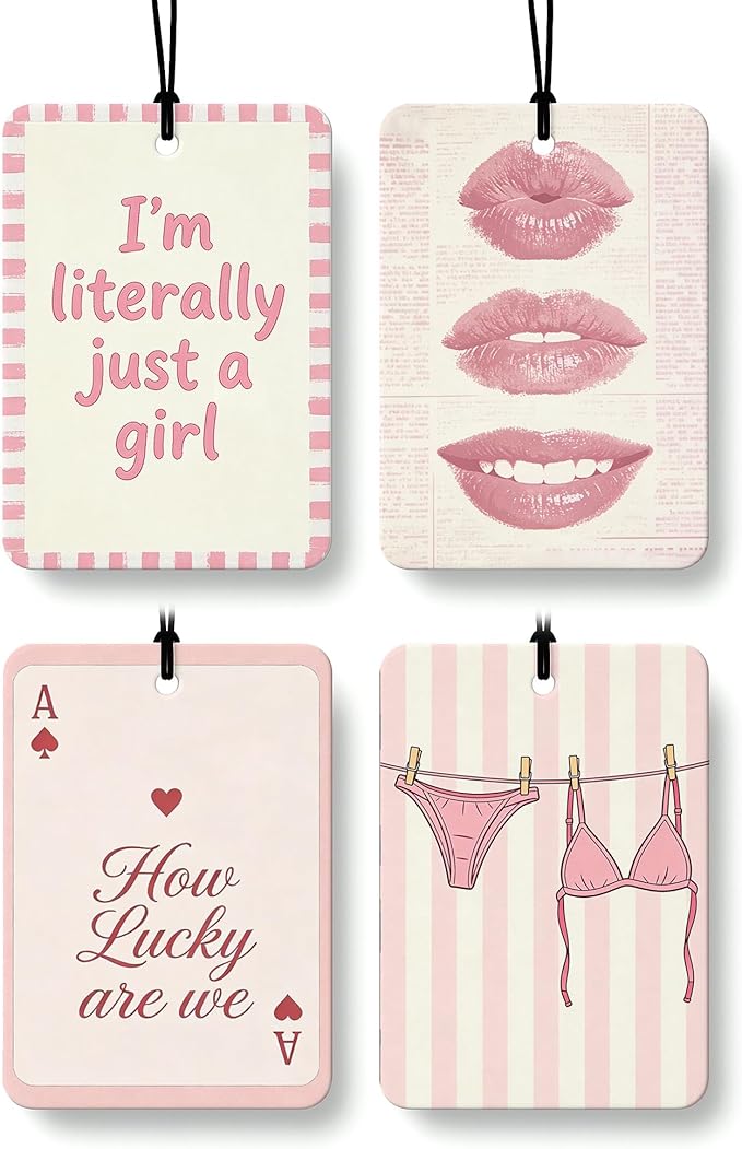Coquette Girly Pink Orange Citrus Car Air Freshener 4pcs, How Lucky Are We Y2k Pink Bikini Lip Ace Card Hanging Scents Car Accessories Interior Mirror Decor for Women Girls