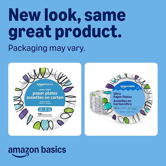 Amazon Basics Ultra Paper Plates, 8.62 Inch, Disposable, 120 Count, Packaging May Vary