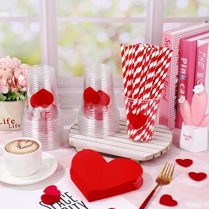 FYSUIMU Valentine' s Day Tableware Set Red Heart Shaped Paper Napkins 12Oz Disposable Plastic Cups with Lids and Straws for 50 Guests Wedding Anniversary Party Supplies Table Decor
