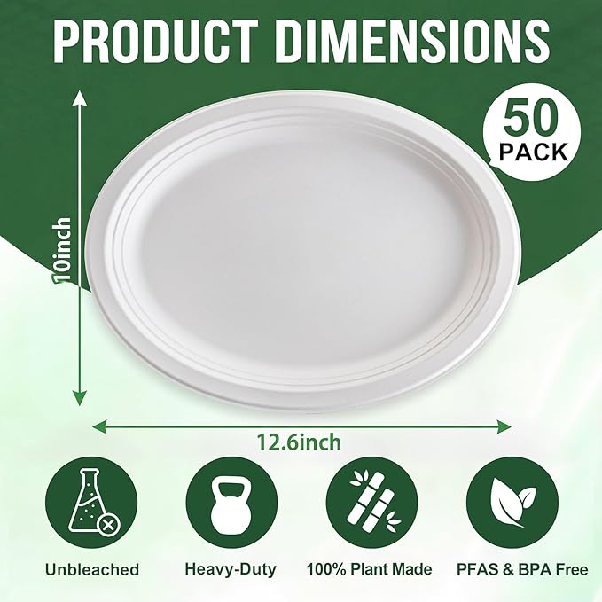 Tinybee 100% Compostable Oval Paper Plates 12 Inch [50-Pack] Heavy Duty Large Paper Plates, Biodegradable Bagasse Platters, Eco-Friendly Dinner Plate for BBQ/Picnic/Party (BPI Certified,Microwaveable)