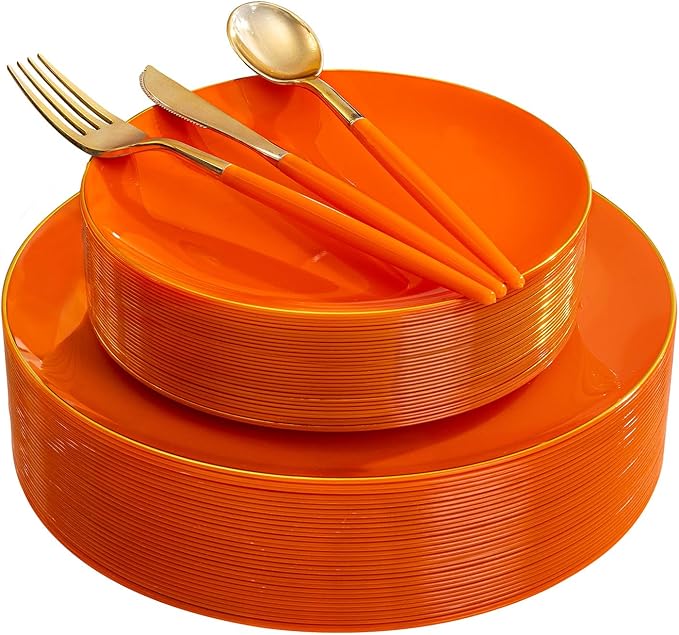 DaYammi 150Pcs Orange Plastic Plates & Gold Cutlery Set - Orange Disposable Plates with Gold Rim Includes 30 Dinner Plate,30 Dessert Plate,30 Knives,30 Forks,30 Spoons Perfect for Party Wedding