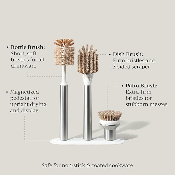 Curio Home Goods Ionic Brush Set, Magnetized to Stand Upright, Stainless Steel with Replaceable Heads, Silver