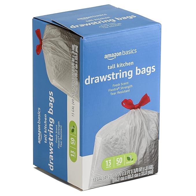 Amazon Basics Flextra Strength Tall Kitchen Drawstring Trash Bags,Fresh Scent,Tear Resistant,13 Gallon,50 Count (Pack of 2)