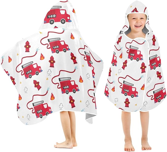 susiyo Kids Hooded Bath Towel Fire Truck Beach Towel for Kids 23.5 x 50 Inch Microfiber Soft Absorbent Quick Dry Bath Swim Pool Towel Wrap Poncho Bathrobe with Hood for Kids Toddler