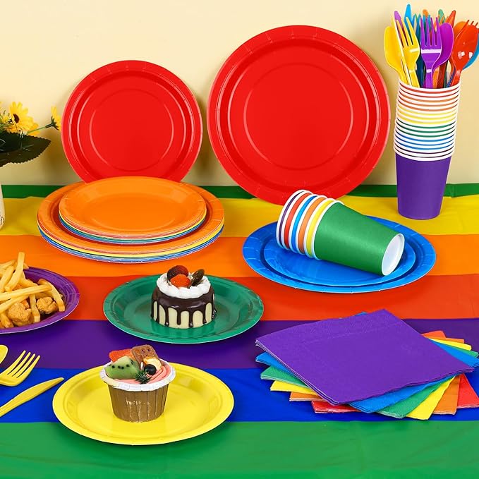Kochorie 169 Pieces Rainbow Party Supplies Disposable Dinnerware Set Include Plates and Cups Napkins Plastic Forks Knives Spoons Tablecloth for Wedding Birthday Party Decorations, Serve 24 Guests