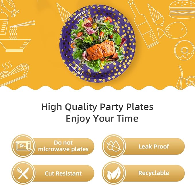 Purple & Gold Dots Party Paper Plates, 50 PCS Disposable Party Supplies Dessert Paper Plates for Birthday,Wedding Birdal Christmas Mardi Gras (7 inches)