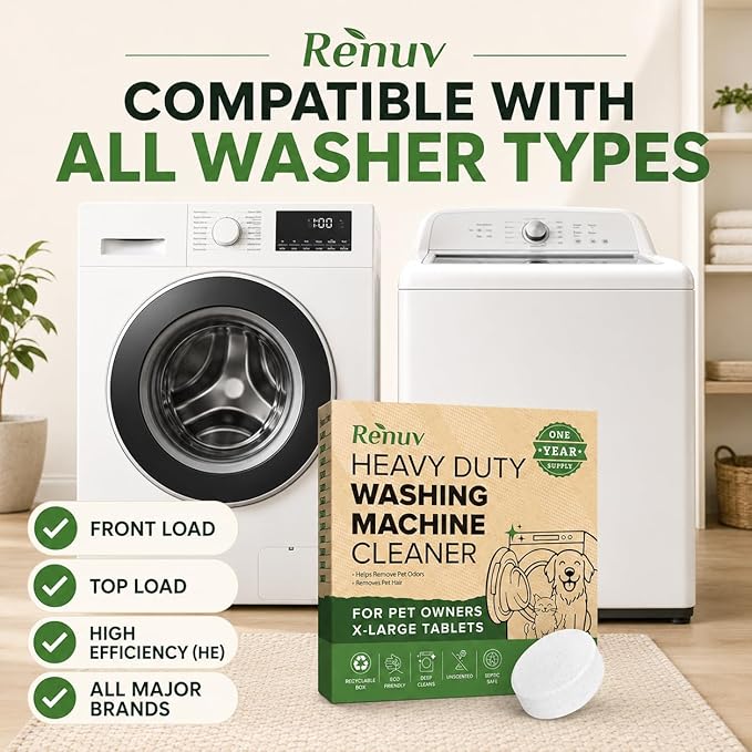Renuv® Heavy Duty Washing Machine Cleaner For Dog & Cat Hair, Stink, Odor, Residue, Grime - For Front Load or Top Load Washer. HE and Septic Safe For Pet Owners. (12 XL Tablets - 1 Year Supply)
