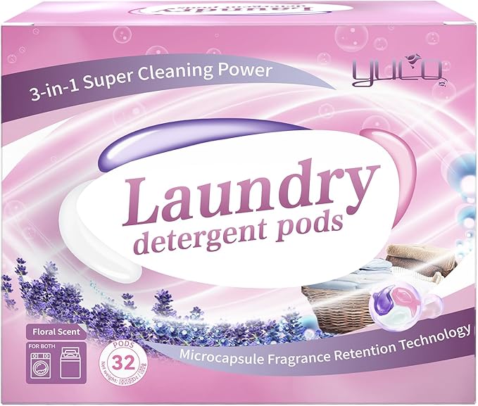 YUCO Pods Laundry Detergent Hypoallergenic, 3IN1 Super Cleaning Power, Microcapsule Fragrance Retention Technology (Floral Scent,1 Box of 32 Pod,Net 15g/pod,Net 480g)