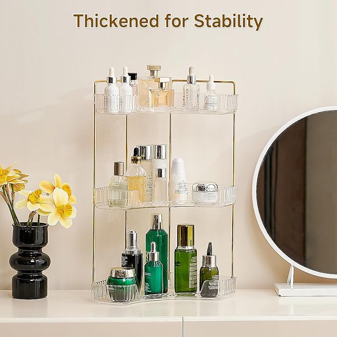 Ceruaxb 3-Tier Corner Bathroom Counter Organizer, Plastic Countertop Makeup Organizer, Large Capacity Vanity Bathroom Perfume Shelf Rack for Kitchen Office Desktop (Clear)