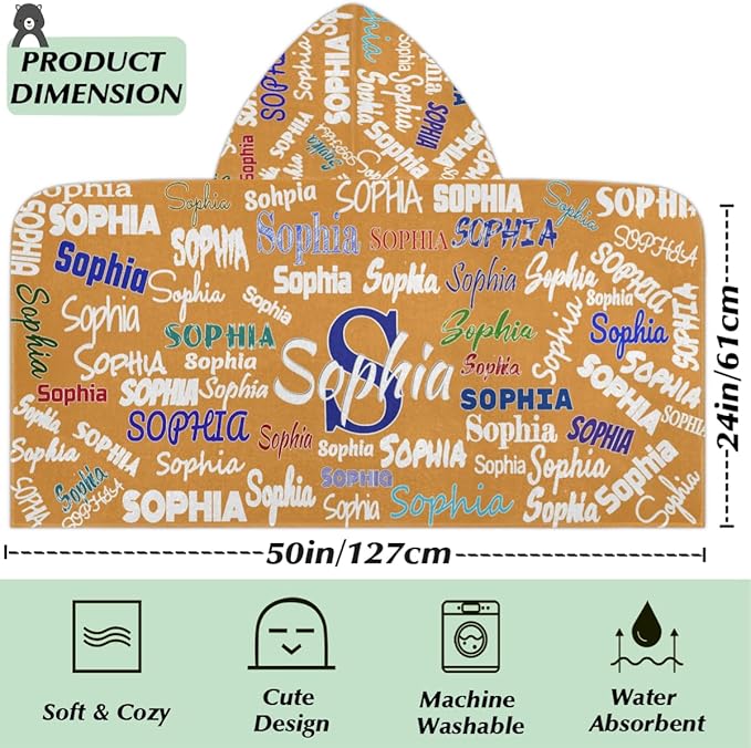 Personalized Hooded Kids Beach Towels - Toddler Bath Towel Girls Boys Swim Cover-ups for Children Pool Towels Lightweight Soft Beach Poncho 24x50IN, Orange Color Background