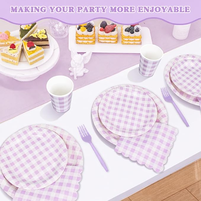 Vyntra Checkered Gingham Paper Plates and Napkins Set for 50" 9" Dinner Plates & 7" Dessert Plate, Birthday Party (Lavender Gingham, 175 Pcs)