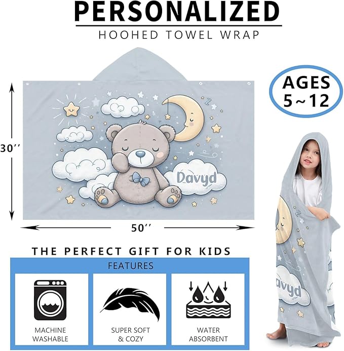 Night Teddy Bear Personalized Kids Hooded Towel with Name Soft Absorbent Beach Pool Bath Towels Hood Poncho for Boys Girls