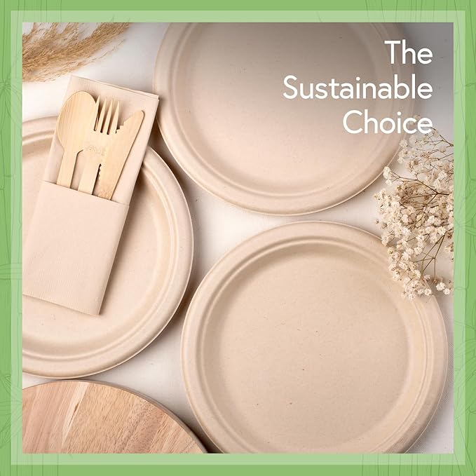 Jenvita Bamboo Compostable Dinner Plates (500-Pack, 9-inch) | Sturdy & Microwave Safe | Heavy Duty Plates Disposable | PFAS Free, Biodegradable | FSC Certified Alternative to Plastic