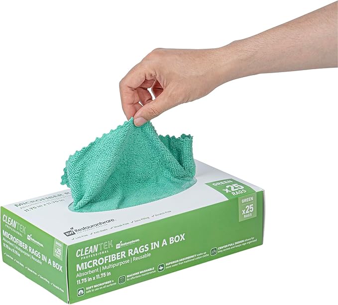 Restaurantware-Clean Tek Professional 11.81 x 11.81 Inch Microfiber Rags in a Box, 250 Absorbent Cleaning Cloths - No-Scratch, Green Microfiber Reusable Edgeless Cleaning Towels, Leaves No Streak