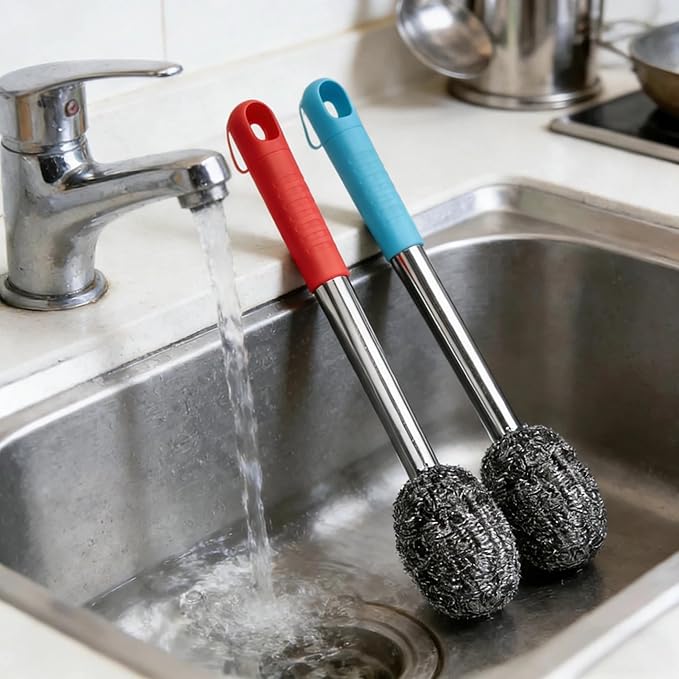 2PCS Steel Wool Scrubber with Handle Rustproof, Cast Iron Scrubber, Stubborn Messes Pot Brush, Remove Dirt for Cleaning Stoves,Sinks Dishes Grills Bowls & Metal Wire Sponge for Kitchens,Bathroom